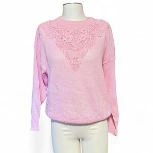 Vintage 90s Baby Pink Knit Lace Trim Sweater